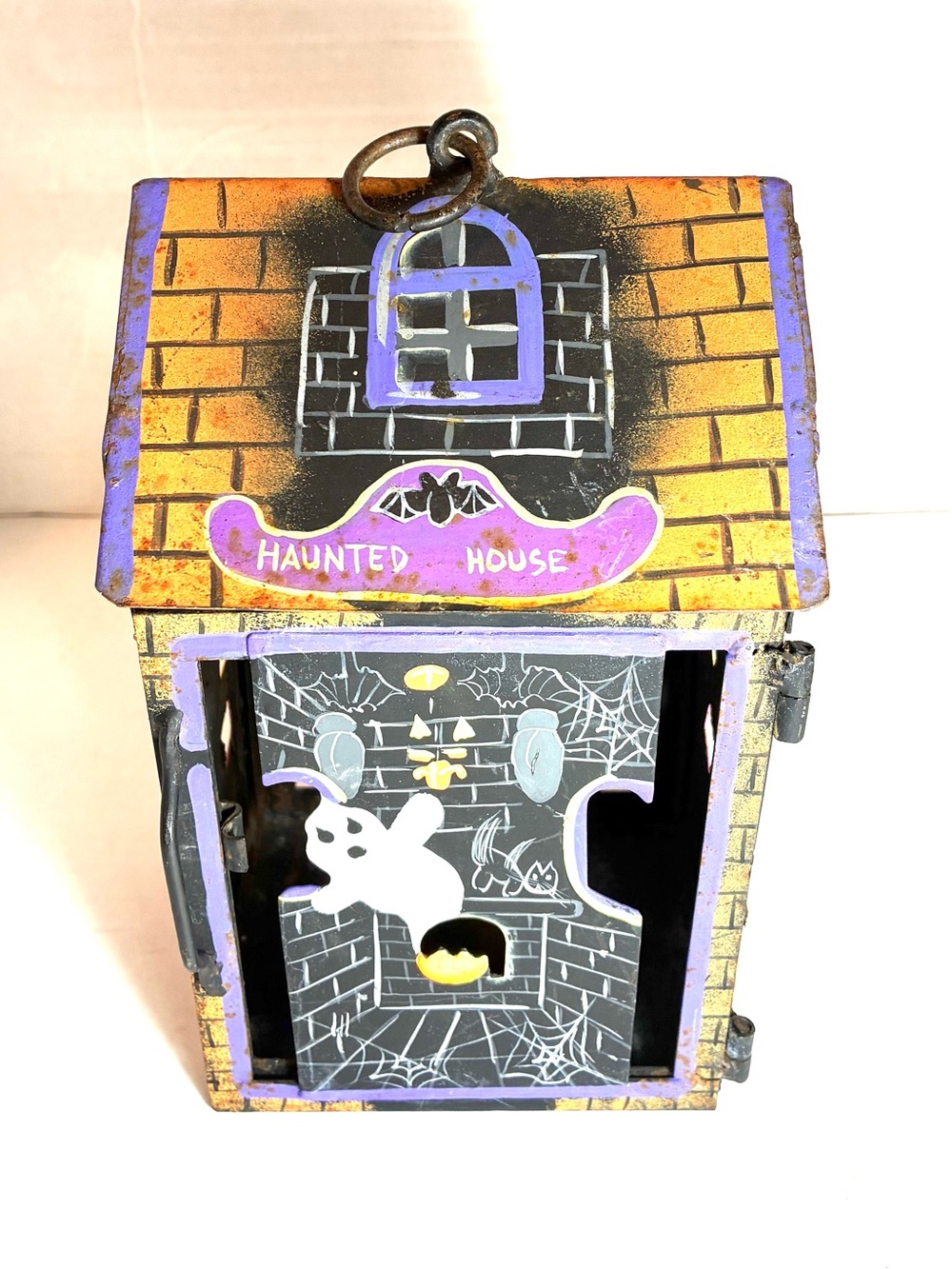 Hand-Painted Metal Haunted House Tealight Holder Halloween Decor